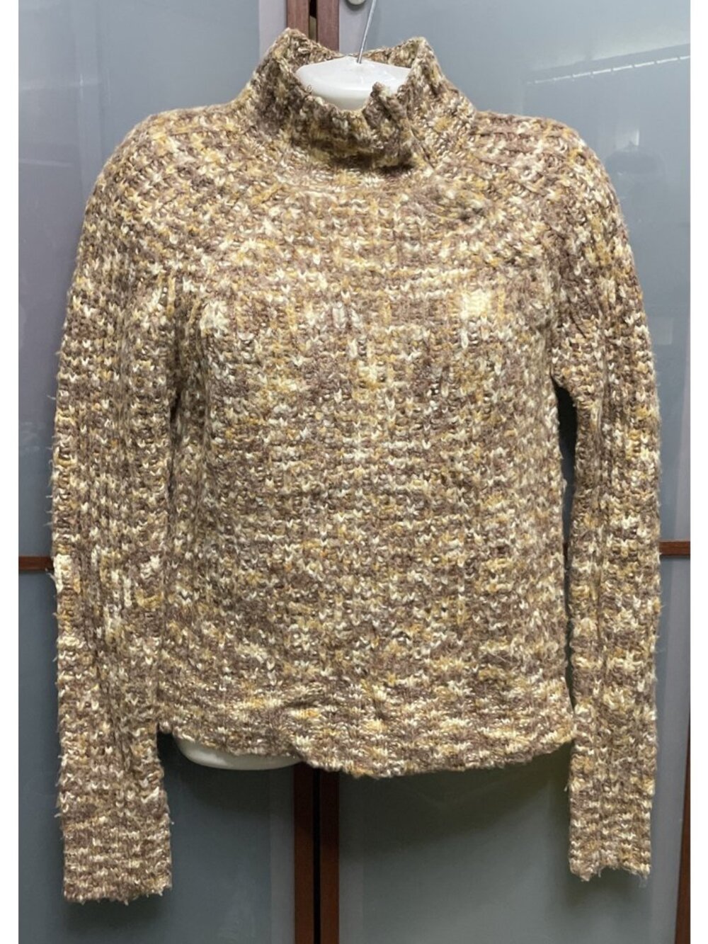 BDG Vintage Y2K Size Small Funnel Neck Knit Marled Tan Sweater Snap Collar Mod